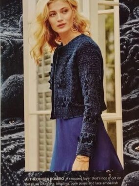 Soft Surroundings Theodora Bolero Navy Blue Embroidered Pom Pom Jacket
